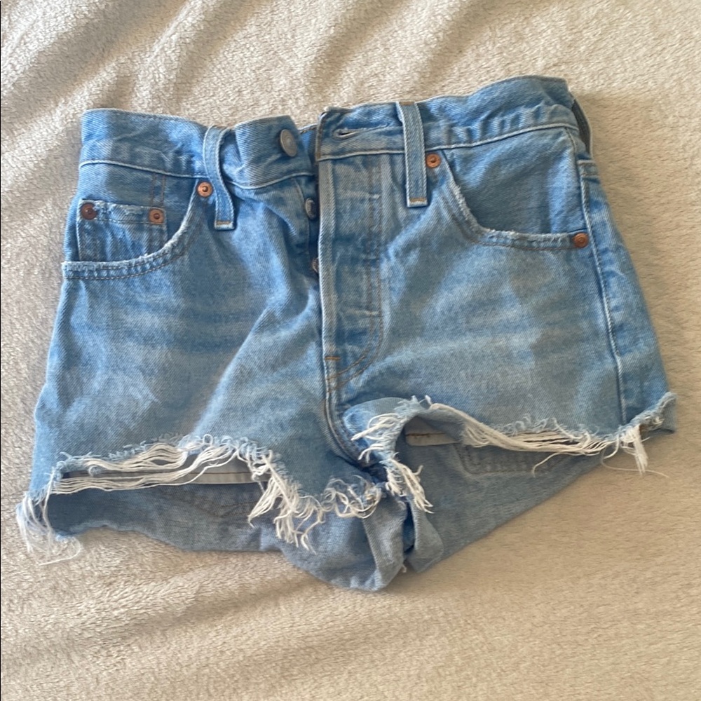 Levi's Blue High-Waisted Jean Shorts with Distressed Hem